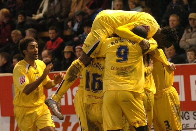 PNE players celebrate Graham Alexander's penalty in the 2-0 win over Burnley at Turf Moor in January 2006