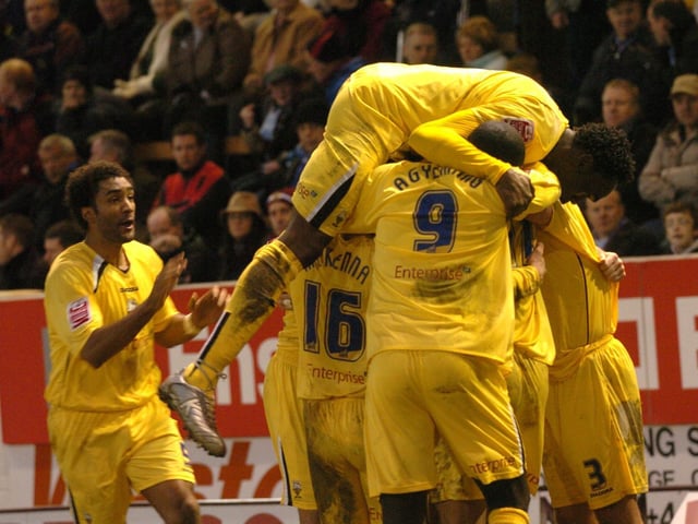 PNE players celebrate Graham Alexander's penalty in the 2-0 win over Burnley at Turf Moor in January 2006