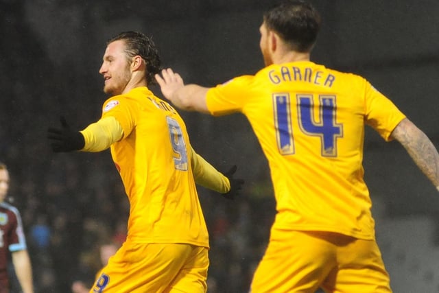 Will Keane celebrates with Joe Garner after giving PNE the lead against Burnley at Turf Moor in December 2015 - Keane's brother Michael was playing for the Clarets that day