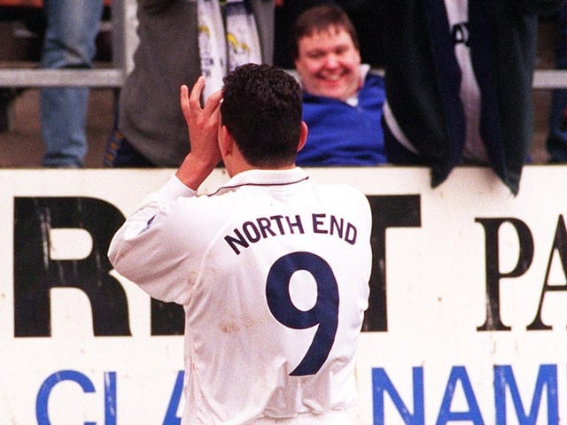 Former Claret Kurt Nogan celebrates netting PNE's winner against Burnley at Turf Moor in March 1999