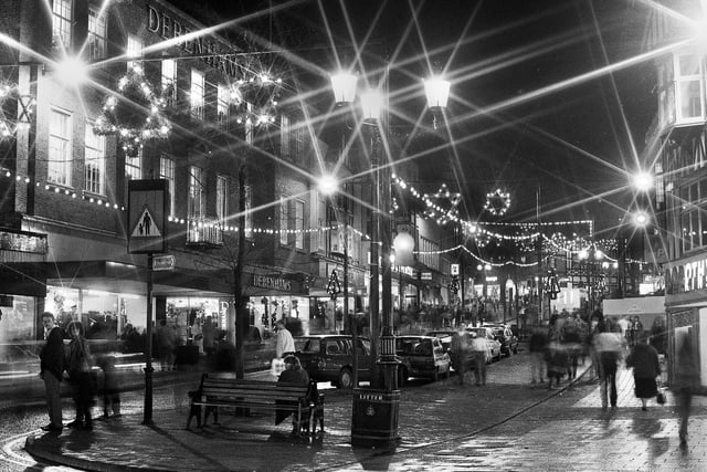 The Christmas lights sparkle after the switch on event in Wigan town centre in 1988.