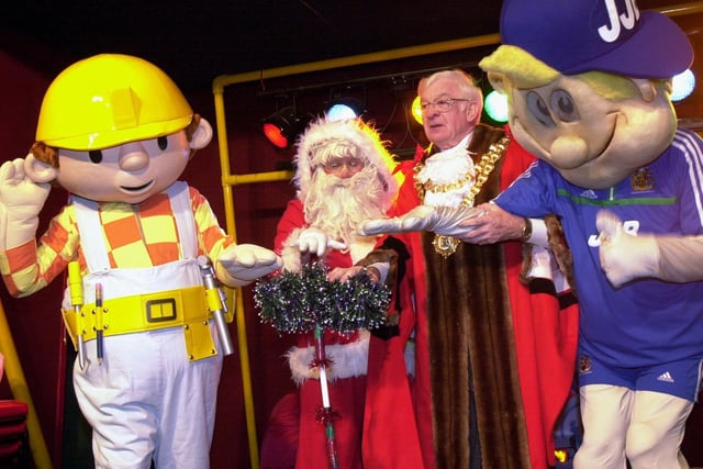 Bob the Builder, Santa, the Mayor and JJ Wigan Athletic mascot all on stage to switch on the Christmas lights in 2001.