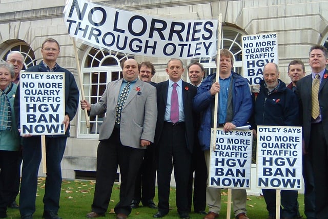 Members of the Safety on Otley's Roads group were demonstrating at the Civic Hall. They are pictured with  Coun Keith Wakefield (centre) and Coun Gerry
Harper (second right).