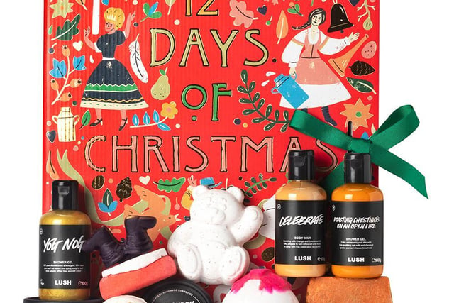 Lush 12 Days of Christmas Calendar, with bath, shower and body products inc Lush Celebrate. It's £75 to click and collect during lockdown via local store Instagrams and Lush website (click on your local shop at uk.lush.com/shops)