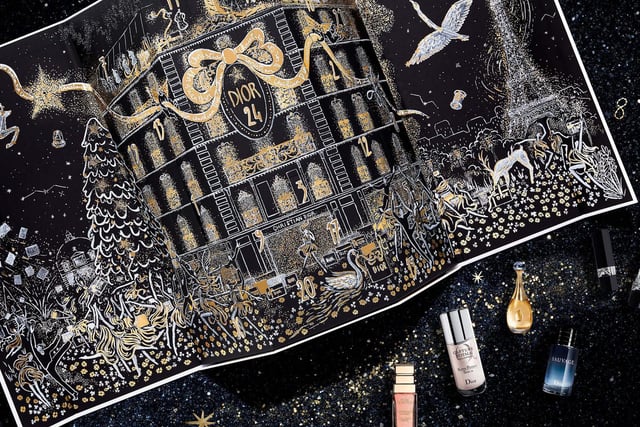 Dior Advent Calendar, £340, at dior.com. Celebrate the holiday season at the heart of 30 Avenue Montaigne, Contains 24 Dior miniatures including fragrance and skin care, plus a snow globe, in a beautifully illustrated box by Safia Ouares,