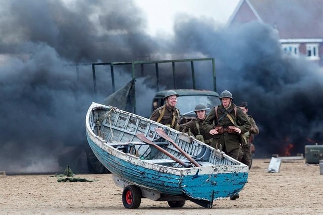 An explosion scene on St Annes Beach in 2019 during filming of the BBC programme World On Fire