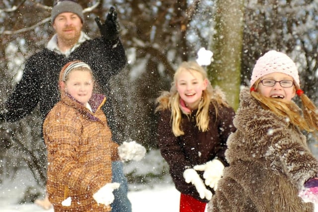 Steve Jobling, Katelan Jarvis 10, Sophie Jobling 10 and Charlotte Powell 7 having fun in the snow in Castleford.