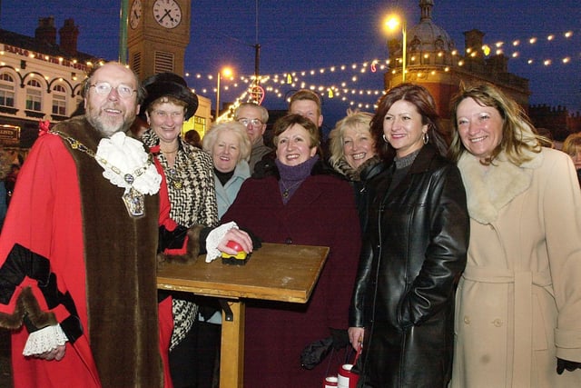 Fleetwood Christmas lights switch on, 2001. The Mayor and Mayoress of Wyre Cllr. David and Lynn Sharples officially switched on the lights
