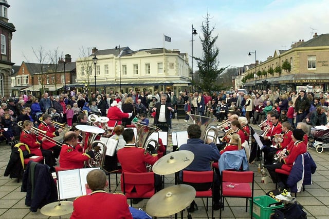 Lytham Christmas lights switch-on, 2001. Blackpool Brass entertain the crowds in the piazza