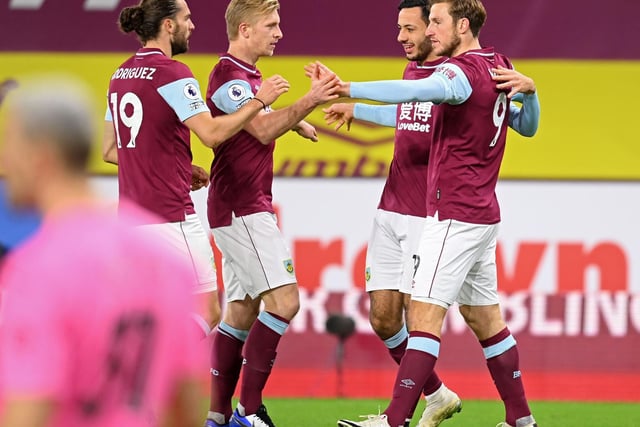 Burnley's New Zealand striker Chris Wood (R) celebrates with teammates after scoring the opening goal of the English Premier League football match between Burnley and Crystal Palace at Turf Moor in Burnley, north west England on November 23, 2020.
