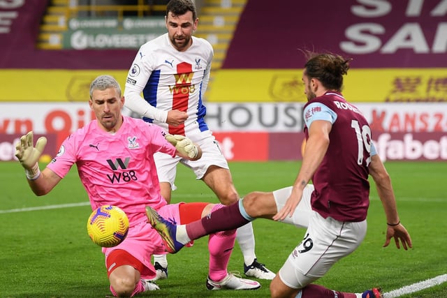 Vicente Guaita of Crystal Palace saves from Jay Rodriguez of Burnley during the Premier League match between Burnley and Crystal Palace at Turf Moor on November 23, 2020 in Burnley, England.
