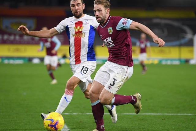Crystal Palace's Scottish midfielder James McArthur (L) vies with Burnley's English defender Charlie Taylor (R) during the English Premier League football match between Burnley and Crystal Palace at Turf Moor in Burnley, north west England on November 23, 2020.