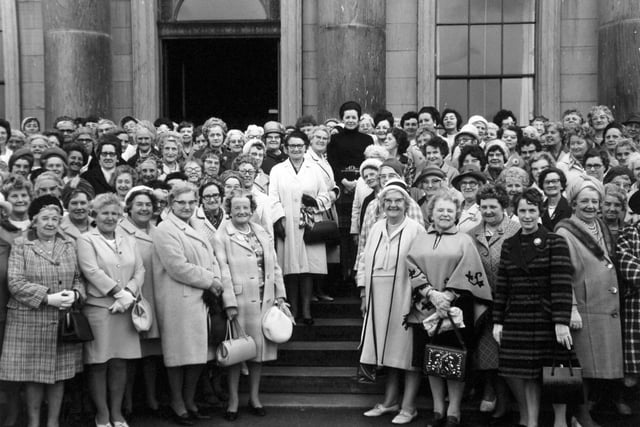 The Countess of Harewood with members of Women's Circle on the steps of Harewood House in September 1970. 300 members enjoyed a tour that day.