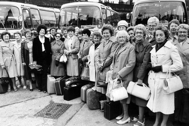 A happy line up of Evening Post Women's Circle members pictured before setting off from The Calls in July 1978 nfor their annual birthday weekend at the Royal Hotel, Scarborough.