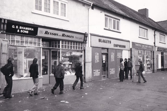 The parade of shops on Throstle Lane in January 1974.