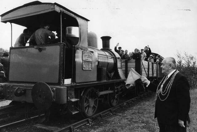 October 1977 and the Lord Mayor of Leeds, Councillor William Hudson, waves off a 1909 Windle 0-4-0 Burrows well tank locomotive, restored by the Middleton Light Railway during a visit to the railway.