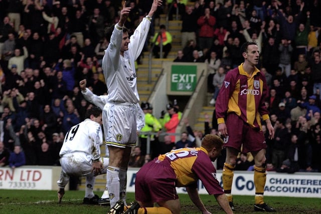 Michael Bridges celebrates scoring against Bradford City at Valley Parade in March 2000. His brace helped the Whites secure the points in a 2-1 win.