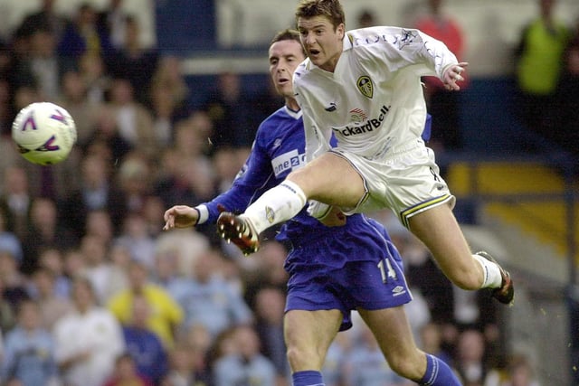 Michael Bridges shoots and scores as Leeds United drew 1-1 with Everton at Elland Road in May 2000.