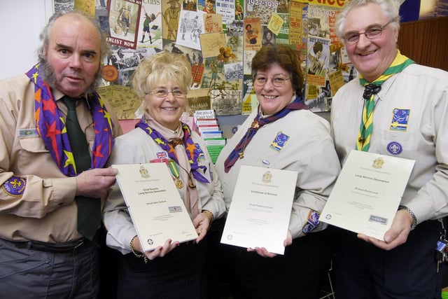 Long service presentations to Scout leader David Jackson and Beavers leaders Fran Lowe and Dave Lewis, by District Commissioner Bonnie Purchon.