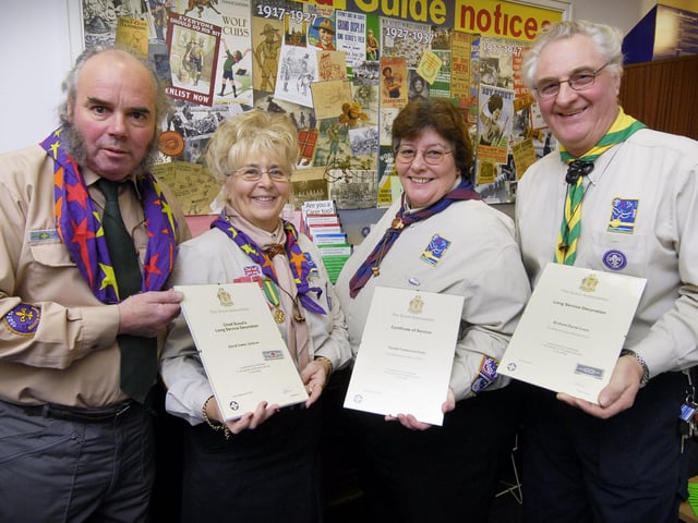 Long service presentations to Scout leader David Jackson and Beavers leaders Fran Lowe and Dave Lewis, by District Commissioner Bonnie Purchon.