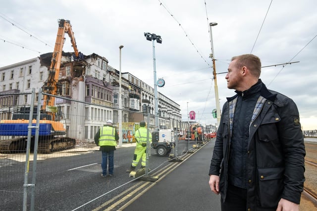 Owner Ged O'Mahoney looks on at the demolition of the Ambassador Hotel on Blackpool Promenade