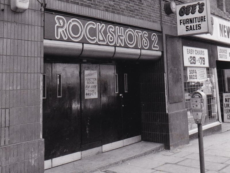 Rockshots 2, on Lower Briggate, Leeds, was described by Diva editor Jane Czyzselska as the first gay club she want to shortly after coming out in the late 1980s. She recalled having some 'memorable times' in the 'dingy black cave'. Rockshots 2 is pictured here in February 1986.