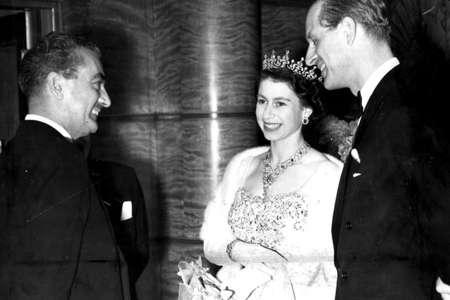 Tower organist Reginald Dixon talks to  the Queen and Prince Philip  at the Opera House in 1955