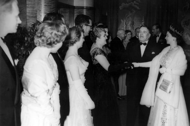 The Queen meets guests ahead of the Royal Variety Performance in 1955