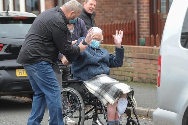 Peter Sharples, 78, arrives at his Poulton le Fylde home and his family after 20 months away in hospital and care
