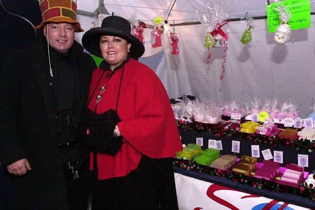 Husband and wife Paul and Michelle Robinson from Soap Slices in Hull at the Edwardian Christmas Market in Knaresborough in 2005.