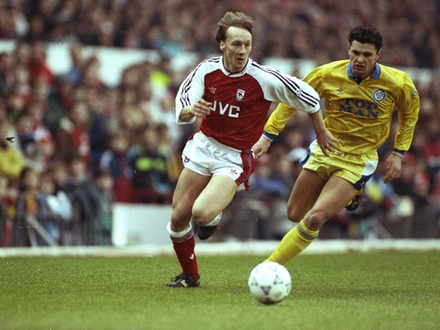Gary Speed hunts down Arsenal's Lee Dixon during the FA Cup fourth round clash at Highbury in January 1991.