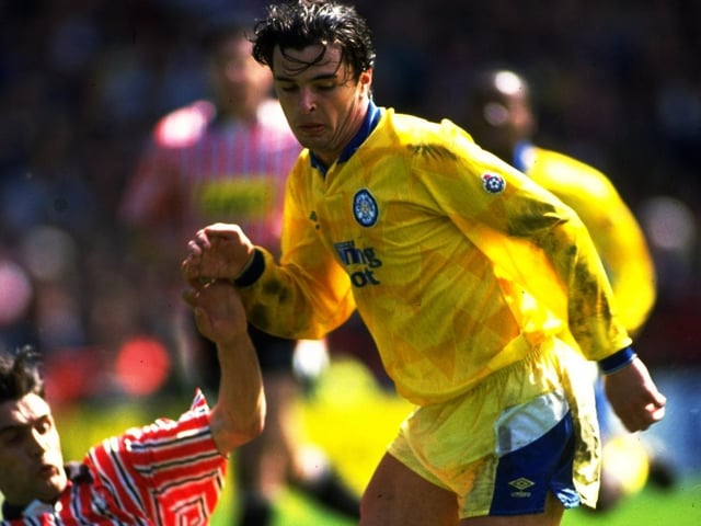Gary Speed evades a challenge from John Pemberton during the clash with Sheffield United at Bramall Lane in April 1992.