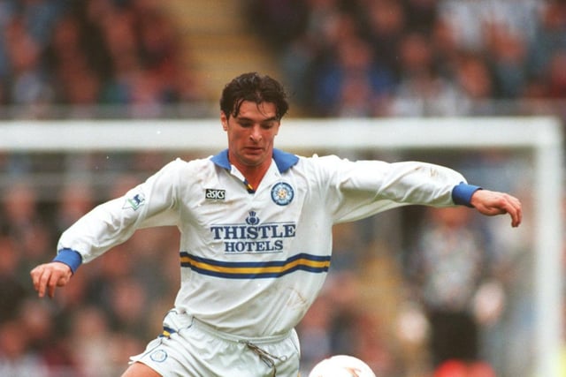 Gary Speed in action against Newcastle United at St James's Park in April 1995. The Whites won 2-1.