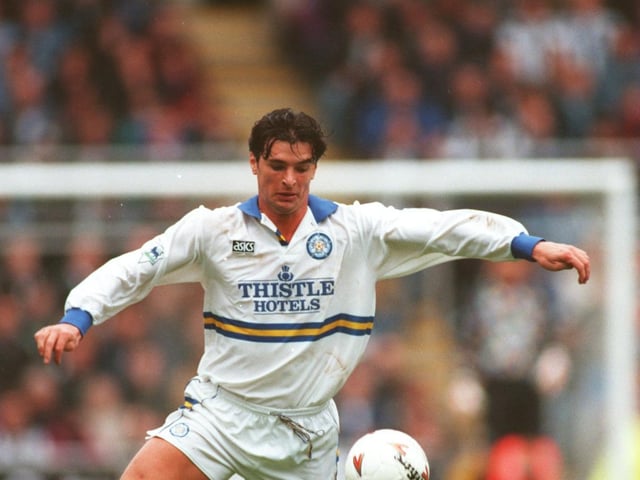 Gary Speed in action against Newcastle United at St James's Park in April 1995. The Whites won 2-1.
