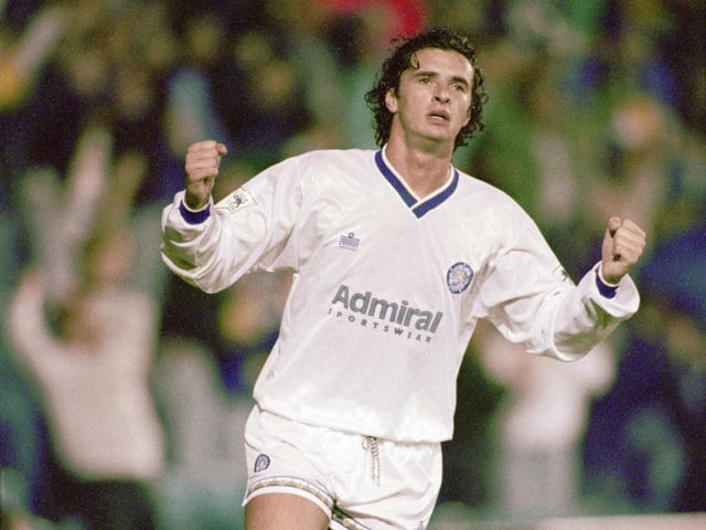 Gary Speed celebrates scoring against VFB Stuttgart at Elland Road in September 1992.