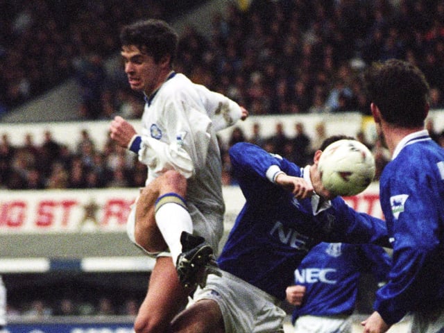 Gary Speed in action against Everton at Goodison Park in January 1992. The game finished 2-0 to the Toffees.