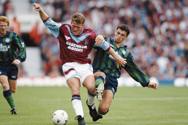 Gary Speed challenges West Ham United's Peter Butler during a Premier League game at Upton Park in August 1994.