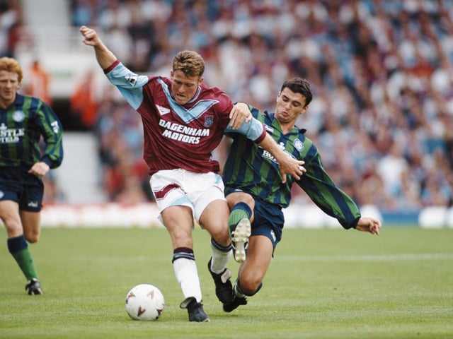 Gary Speed challenges West Ham United's Peter Butler during a Premier League game at Upton Park in August 1994.