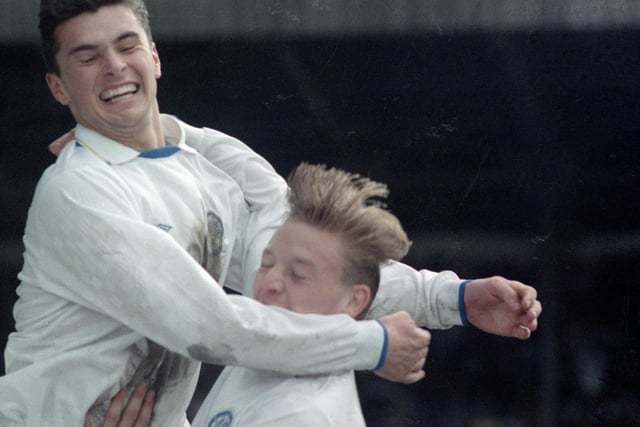 Gary Speed celebrates with David Batty after scoring against Bradford City at Elland Road in April 1990. The game finished 1-1.