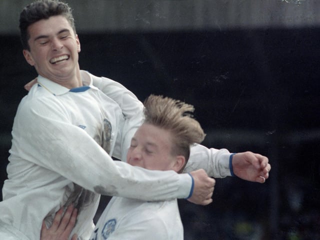 Gary Speed celebrates with David Batty after scoring against Bradford City at Elland Road in April 1990. The game finished 1-1.