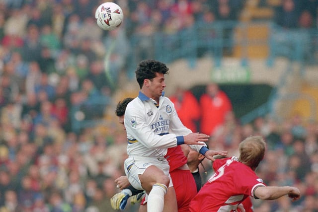 Gary Speed rises above the Liverpool defence during the Premier League game in February 1994. The Whites won 2-0.