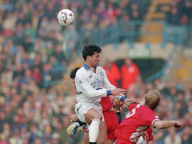 Gary Speed rises above the Liverpool defence during the Premier League game in February 1994. The Whites won 2-0.