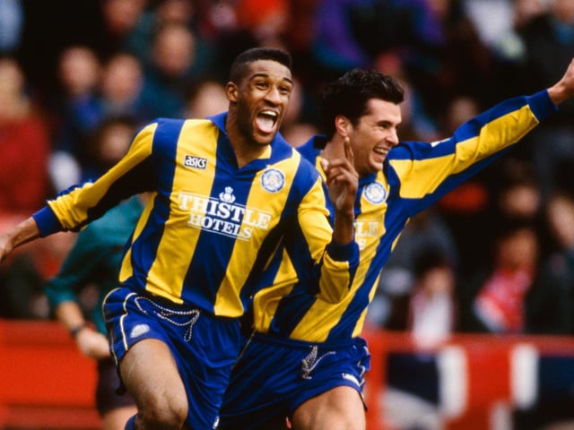 Gary Speed and Briane Deane celebrate a goal during the Premiership match between Sheffield United and Leeds United at Bramall Lane in March 1994.