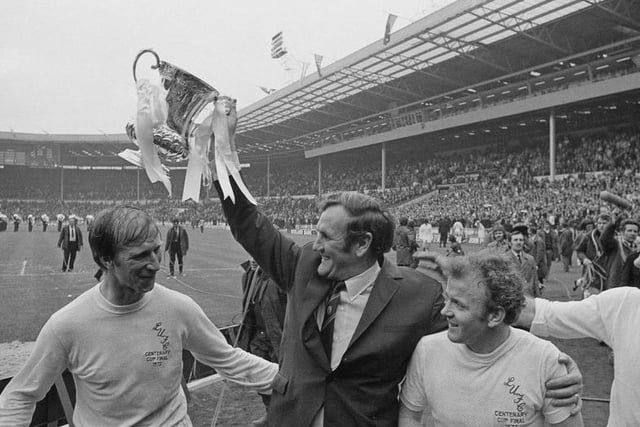 Jack Charlton celebrates winning the FA Cup in 1972 with Don Revie, Billy Bremner and Paul Reaney.
