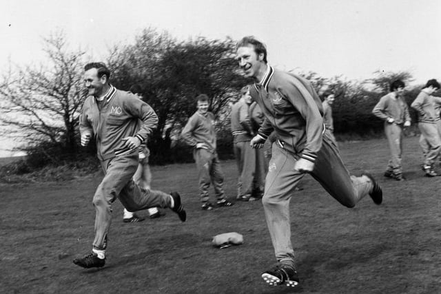 Leeds United manager Don Revie training with Jack Charlton in April 1970.