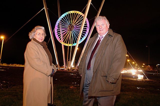 The Wheel of Light is unveiled in Glasshoughton in December 2005 to celebrate the history of Glasshoughton Colliery. Pictured, Winnie McLoughlin, former mayor of Glasshoughton and Stuart McLoughlin MD of the construction team.