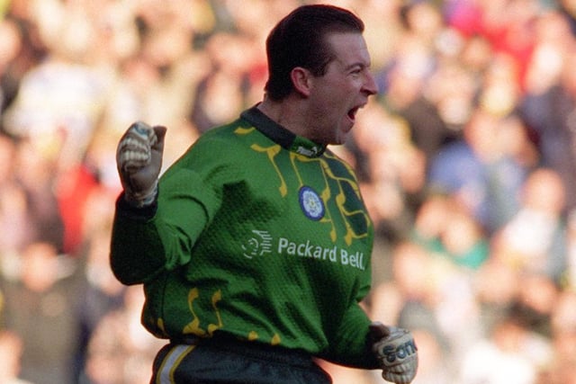 Nigel Martyn celebrates saving a penalty during the FA Cup fifth round clash against Portsmouth in February 1997. The Whites lost 3-2.