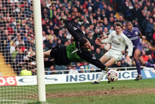 Nigel Martyn tips one round the post during Leeds United's clash with Tottenham Hotspur at Elland Road in March 1999. The Whites won 2-0.