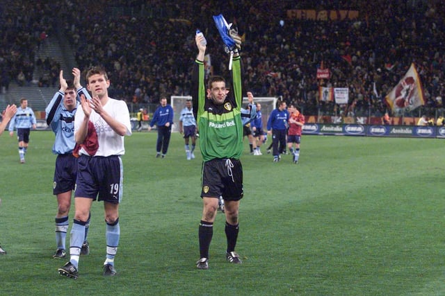 March 2000 and Nigel Martyn applauds the travelling army after Leeds United played out a goalless draw against AS Roma in the UEFA Cup fourth round first leg in Italy.