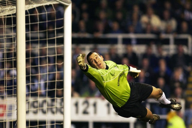Nigel Martyn makes a diving save during the FA Barclaycard Premiership match Newcastle United at St James's Park in January 2002.
